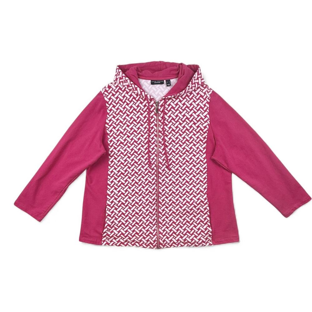 Susan Graver Weekend Hoodie Pink White Printed French Terry Zip Front Jacket XL